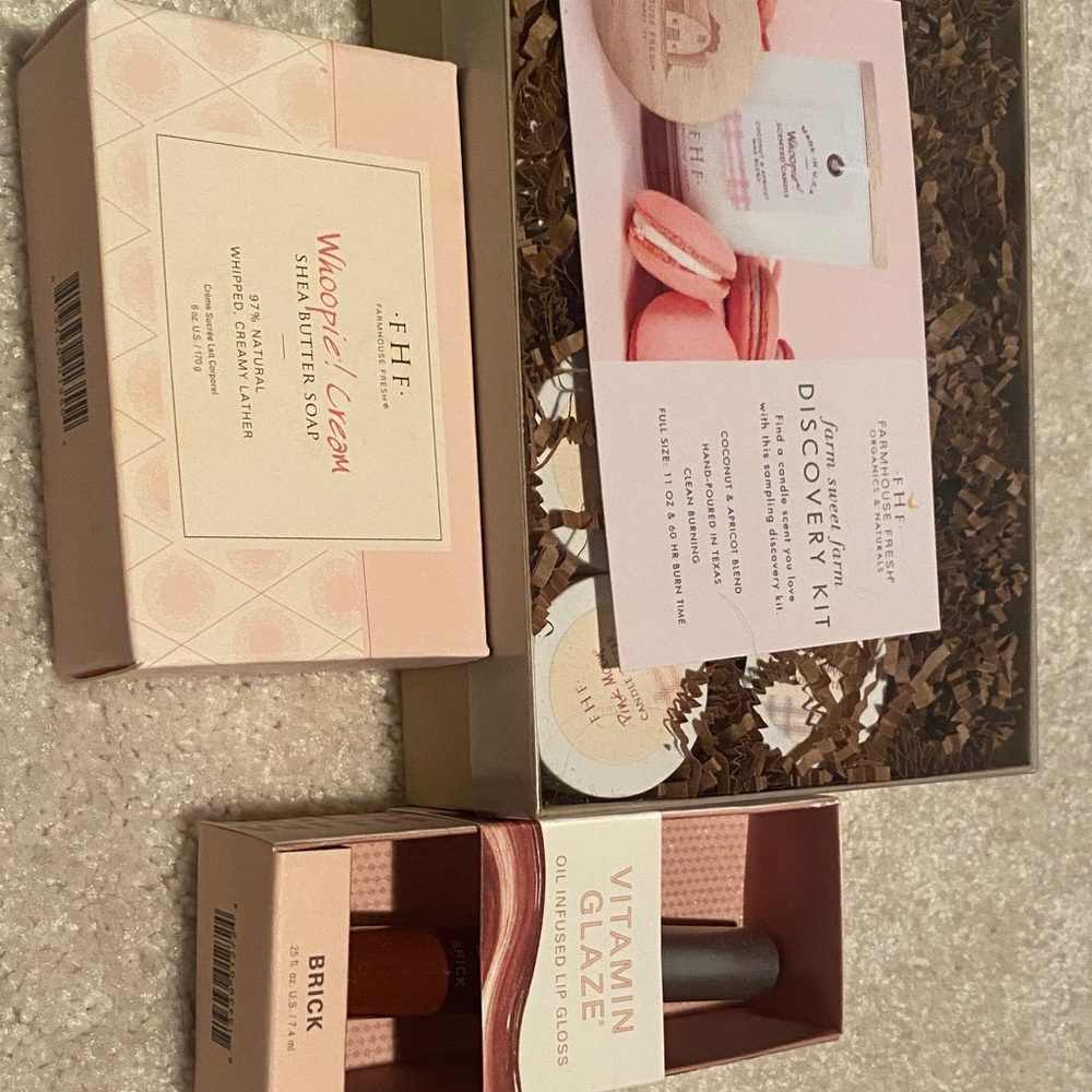 FarmHouse Fresh candle Set with Lip Gloss and shea butter soap